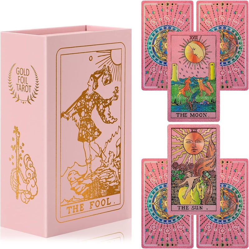 LYINGFISH Tarot Cards for Beginners Pink Tarot Cards with Guide Book Gold Foil with Meanings on Them 78 Classic Origina Waterproof Rider Waite Taro Deck Fortune Telling Game（Pink） - Image 1